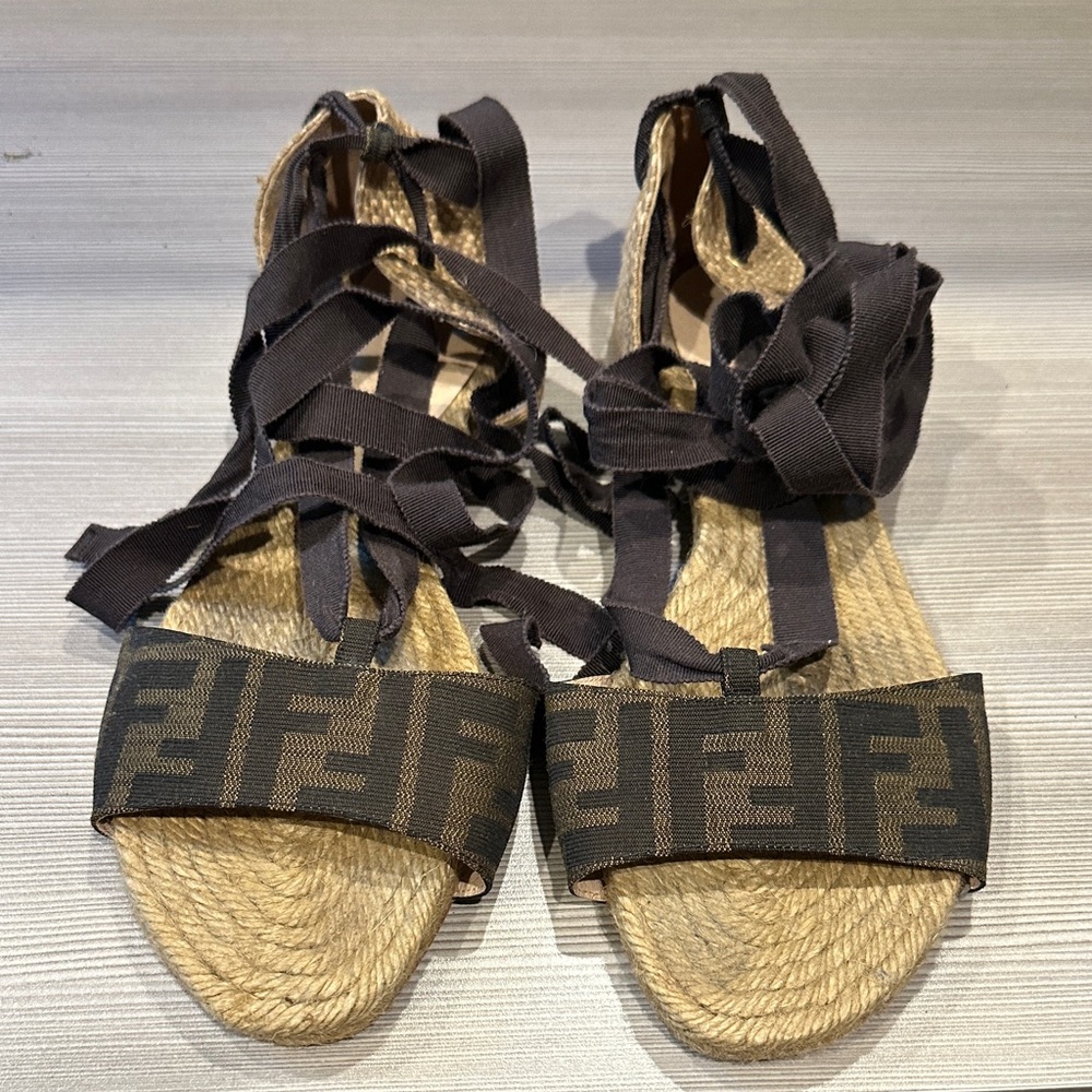 Fendi Black and Tan Espadrille Sandals